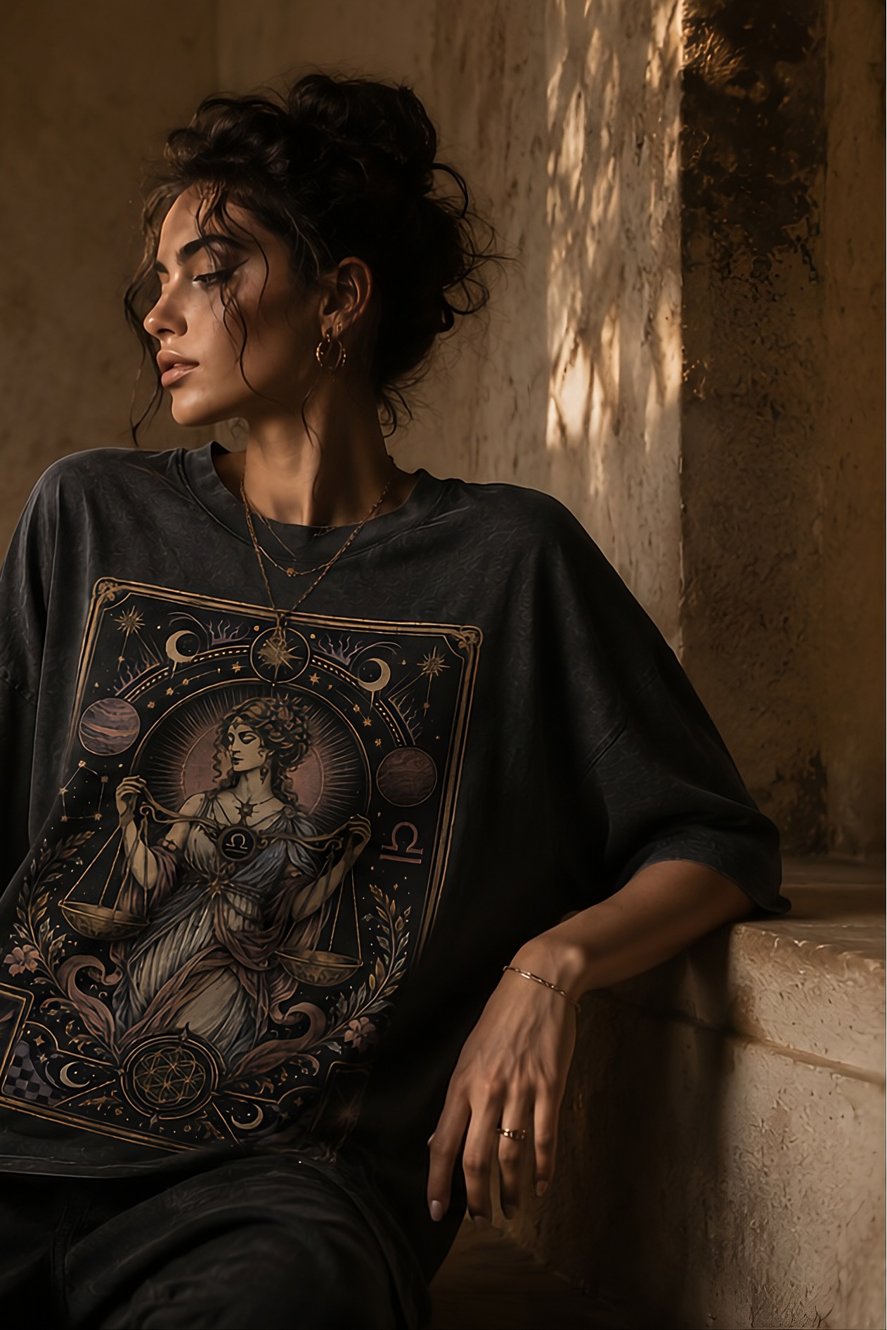 Woman wearing a graphic t-shirt sitting in a sunlit room with rustic decor.